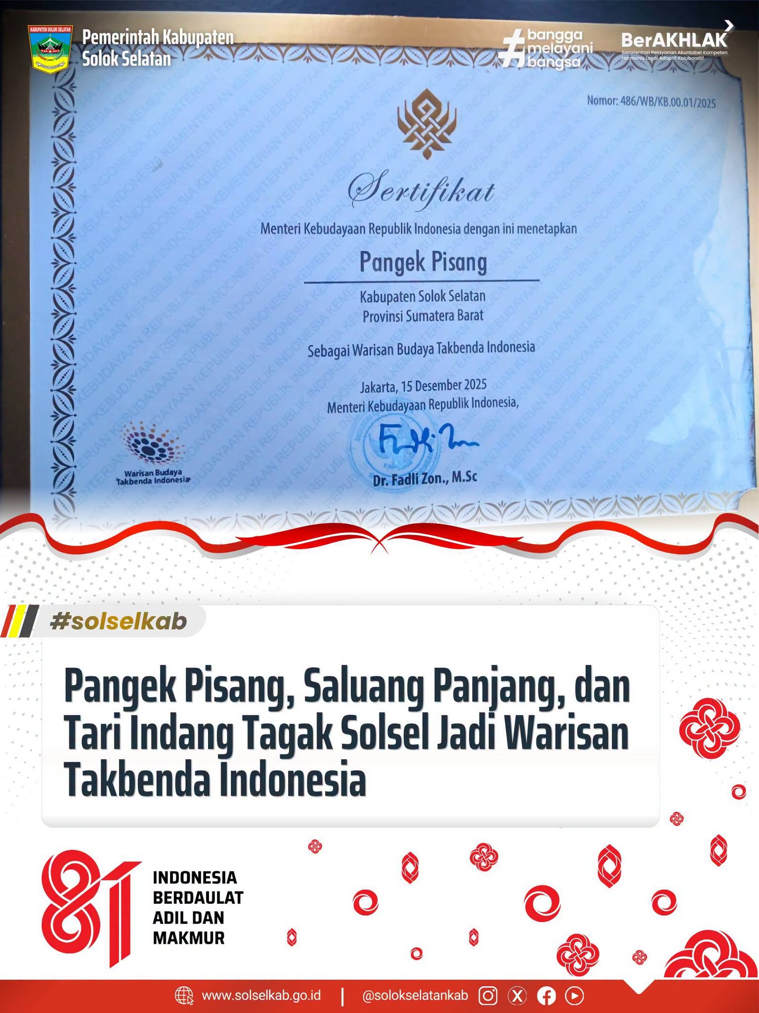 Pangek Pisang, Saluang Panjang, dan Tari Indang Tagak Solsel Jadi Warisan Takbenda Indonesia